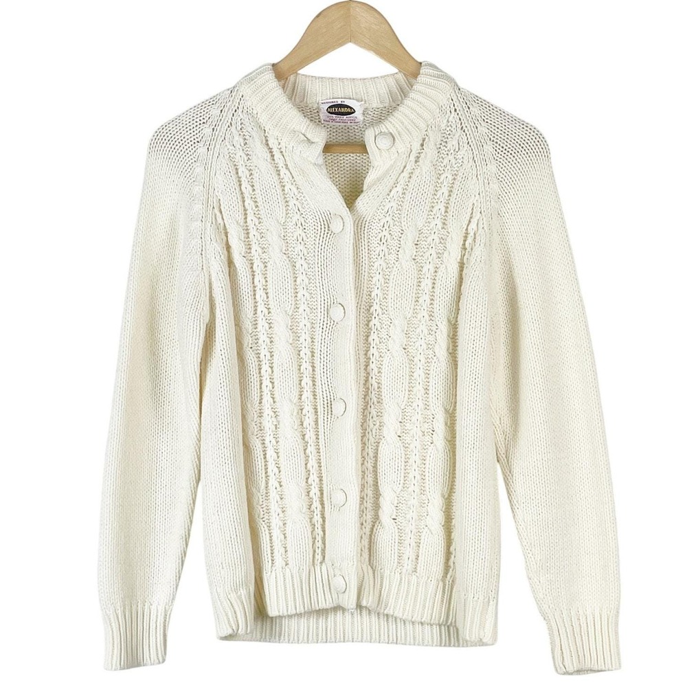 Vintage Alexandra Women's Cream Cable Knit Cardigan Sweater Buttons Medium